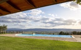 Scenic view of a swimming pool surrounded by lush green grass, with mountains and a cloudy sky in the background, showcasing a tranquil outdoor setting.