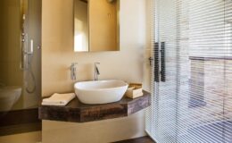 Modern bathroom featuring a stylish vessel sink on a wooden countertop, sleek faucets, a large mirror, and natural light from a glass door with blinds.