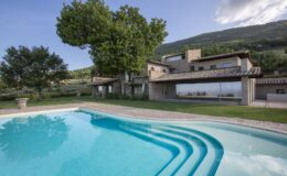 Modern villa with a swimming pool, surrounded by lush greenery and mountains, showcasing a serene outdoor living space.