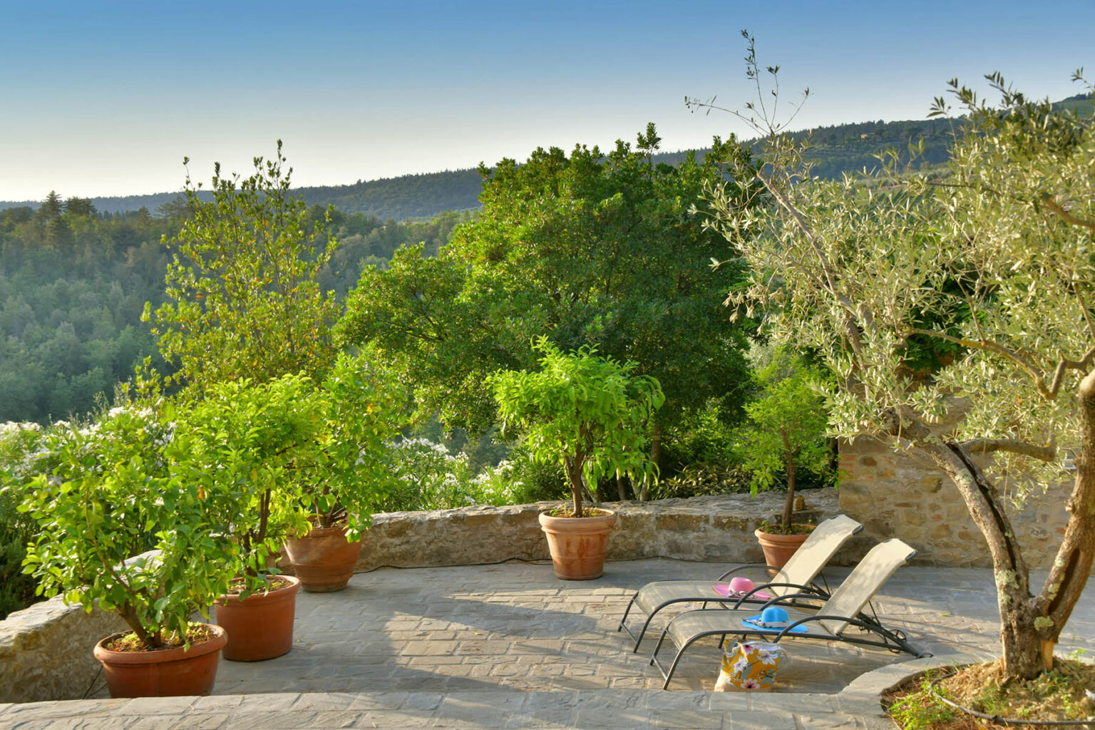 Scenic outdoor patio with lounge chairs surrounded by potted plants and trees, overlooking a lush green landscape. Ideal for relaxation and enjoying nature. | Only on SopranoVillas