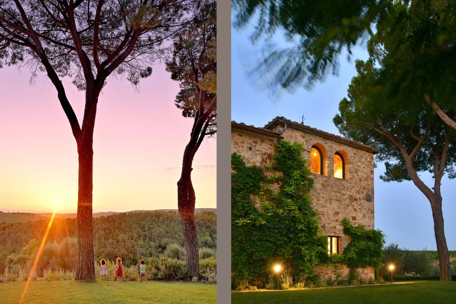 Sunset view over rolling hills with trees on the left, and a charming stone villa surrounded by greenery at dusk on the right. | Only on SopranoVillas