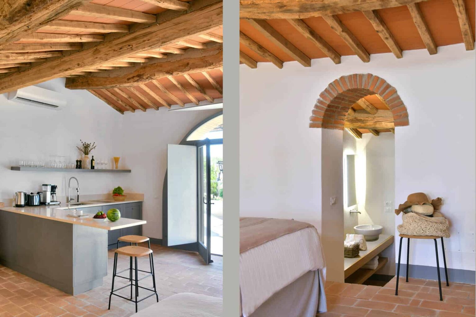 Modern interior design of a cozy kitchen and bedroom featuring wooden beams, a minimalist kitchenette, and a stylish bathroom nook, showcasing a blend of comfort and elegance in a bright, airy space. | Only on SopranoVillas