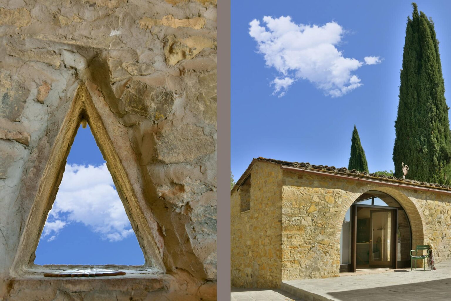 Close-up of a triangular stone window frame revealing a bright blue sky, paired with an exterior view of a rustic stone building featuring an arched entrance and tall cypress trees under a clear sky. Ideal for showcasing architectural details and natural landscapes. | Only on SopranoVillas