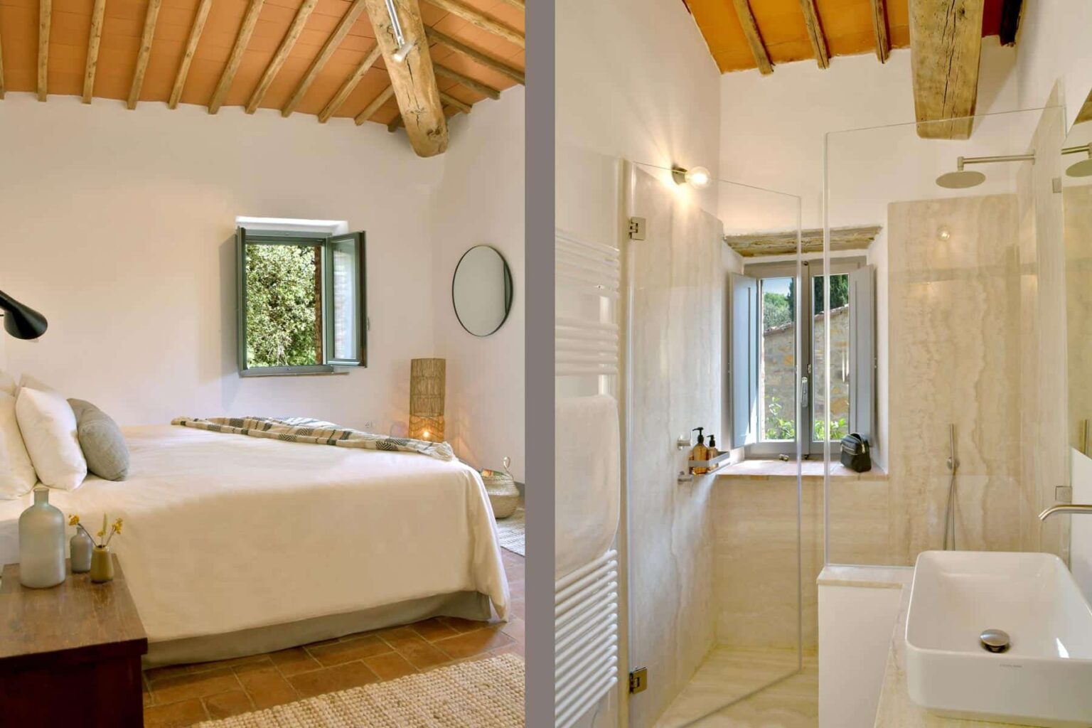 Cozy bedroom with wooden beams, a large bed, and natural light, adjacent to a modern bathroom featuring a shower and bathtub, both showcasing a serene and stylish design. | Only on SopranoVillas