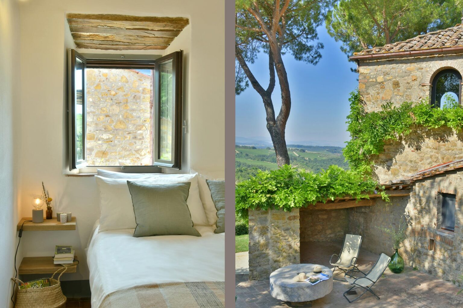 Cozy bedroom with a window overlooking scenic countryside on the left; rustic outdoor patio with lounge chairs and lush greenery on the right. Ideal for a peaceful retreat. | Only on SopranoVillas