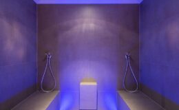 Modern spa shower area with soothing blue lighting, featuring two shower heads and a minimalist design. Ideal for relaxation and wellness.