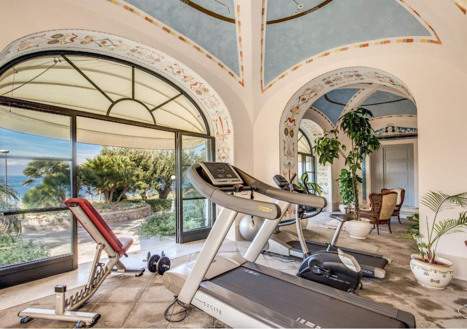 Home gym with treadmill and exercise bench, featuring large windows that provide a scenic view of the outdoors, decorated with elegant architectural details and indoor plants. | Only on SopranoVillas