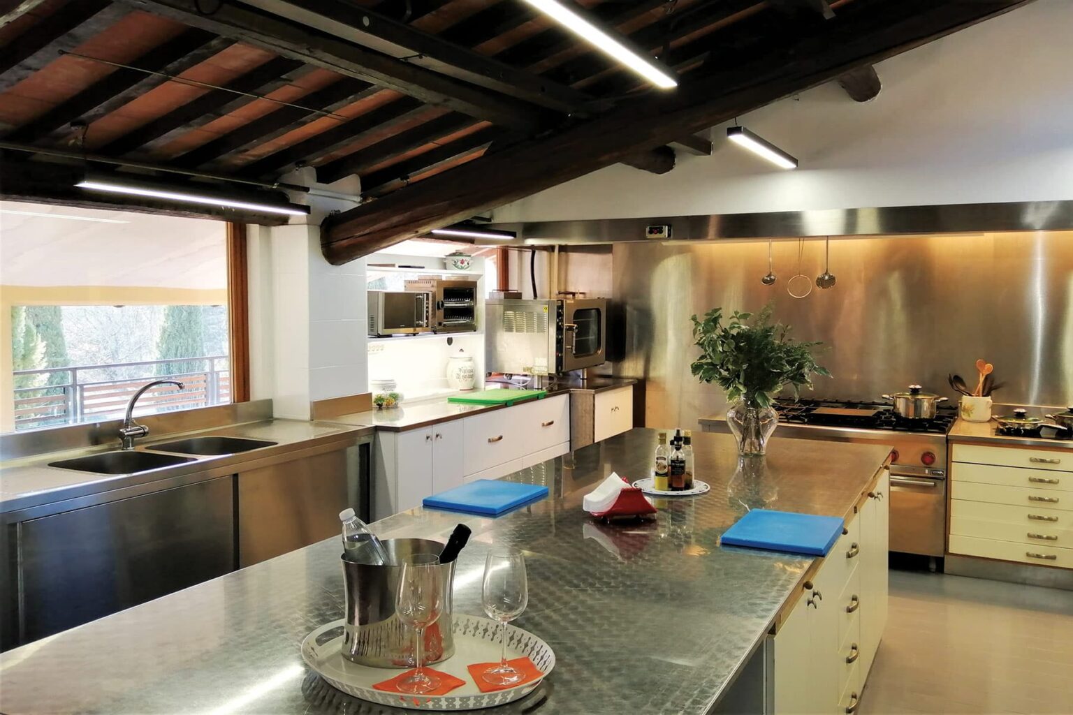 Modern kitchen with stainless steel appliances, wooden beams, and a spacious layout featuring a central island, countertop, and cooking area, ideal for culinary activities. | Only on SopranoVillas