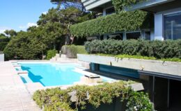 Modern home exterior featuring a sleek swimming pool surrounded by lush greenery and contemporary landscaping. The design emphasizes open space and natural light, creating a serene outdoor living area.