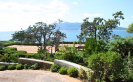 Scenic view of a landscaped garden overlooking a tranquil lake with mountains in the background under a clear blue sky.