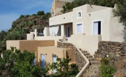 Modern hillside villa with whitewashed walls and blue accents, surrounded by lush greenery and stone pathways, offering scenic views.
