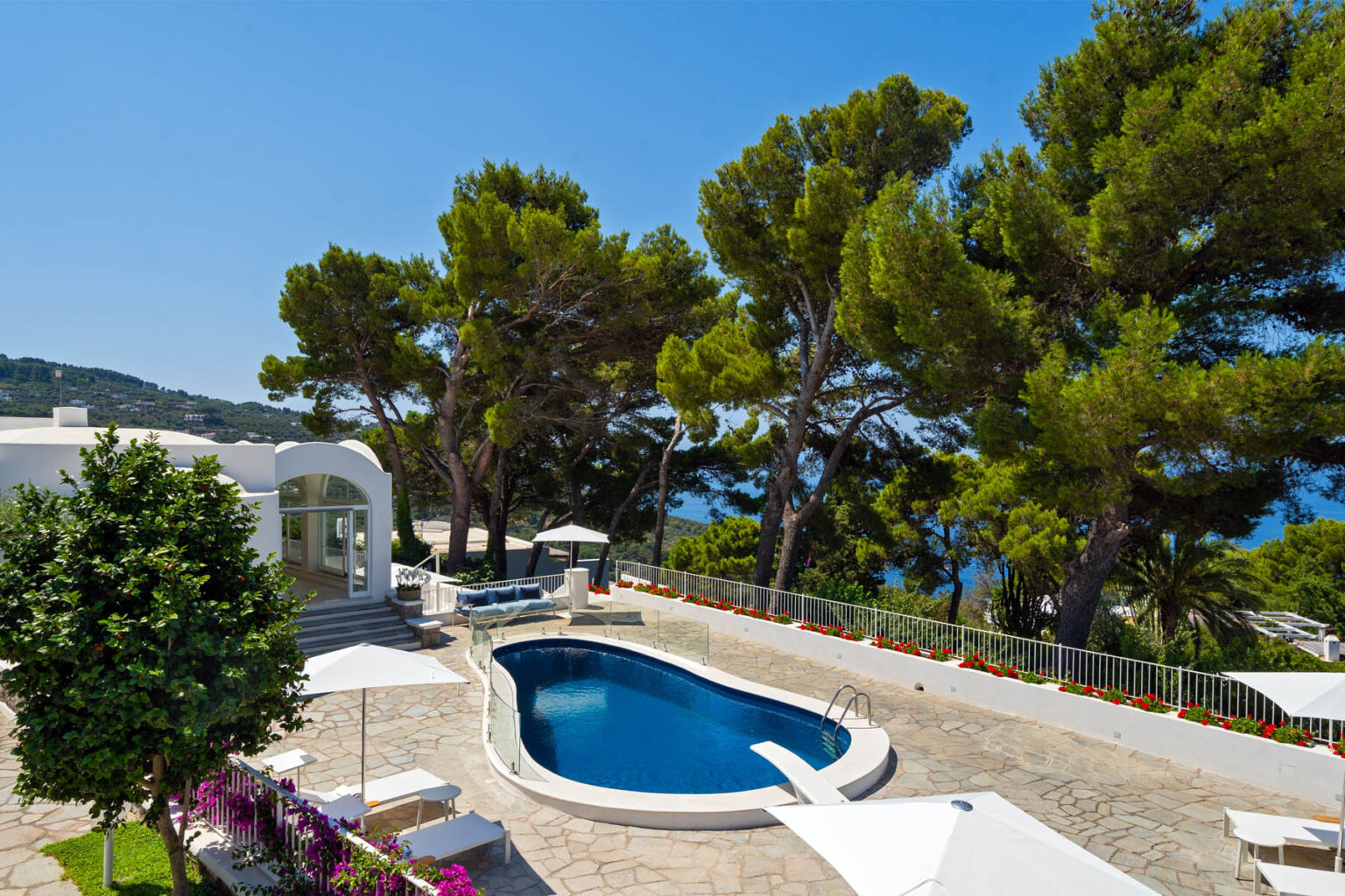 Luxury villa with a private pool surrounded by lush pine trees and vibrant flowers, overlooking a scenic coastline under a clear blue sky. Ideal for relaxation and outdoor gatherings. | Only on SopranoVillas
