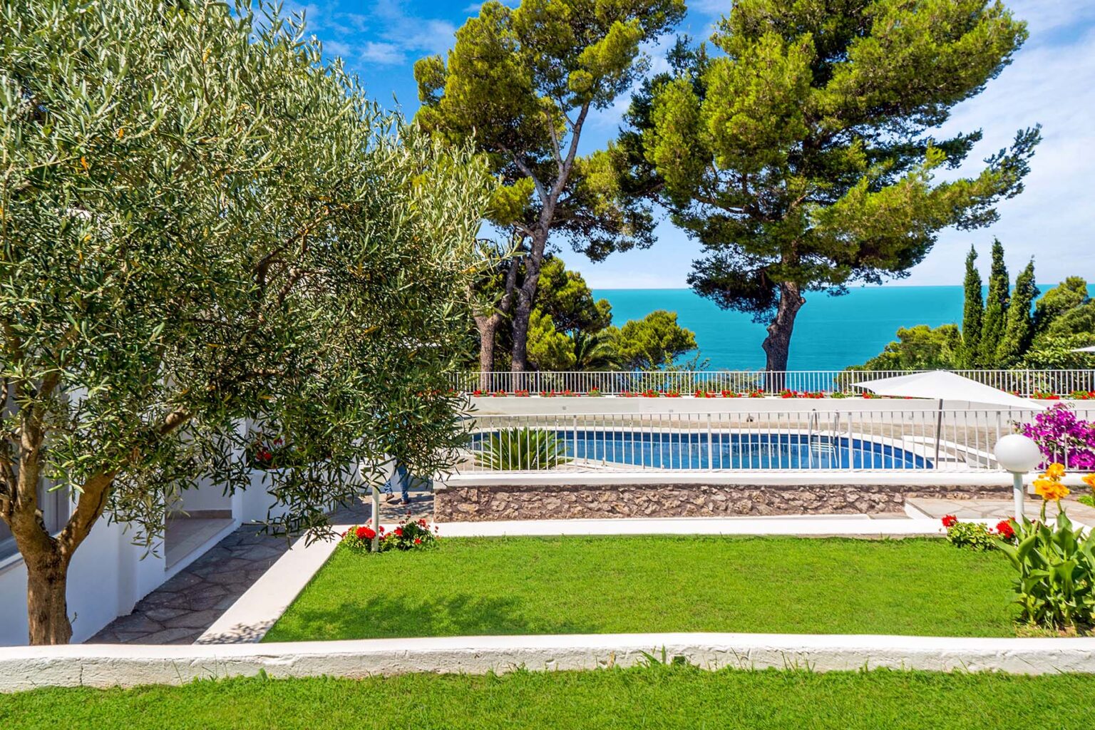 Scenic view of a landscaped garden with an olive tree, a swimming pool, and a backdrop of the ocean and blue sky, perfect for a relaxing getaway. | Only on SopranoVillas
