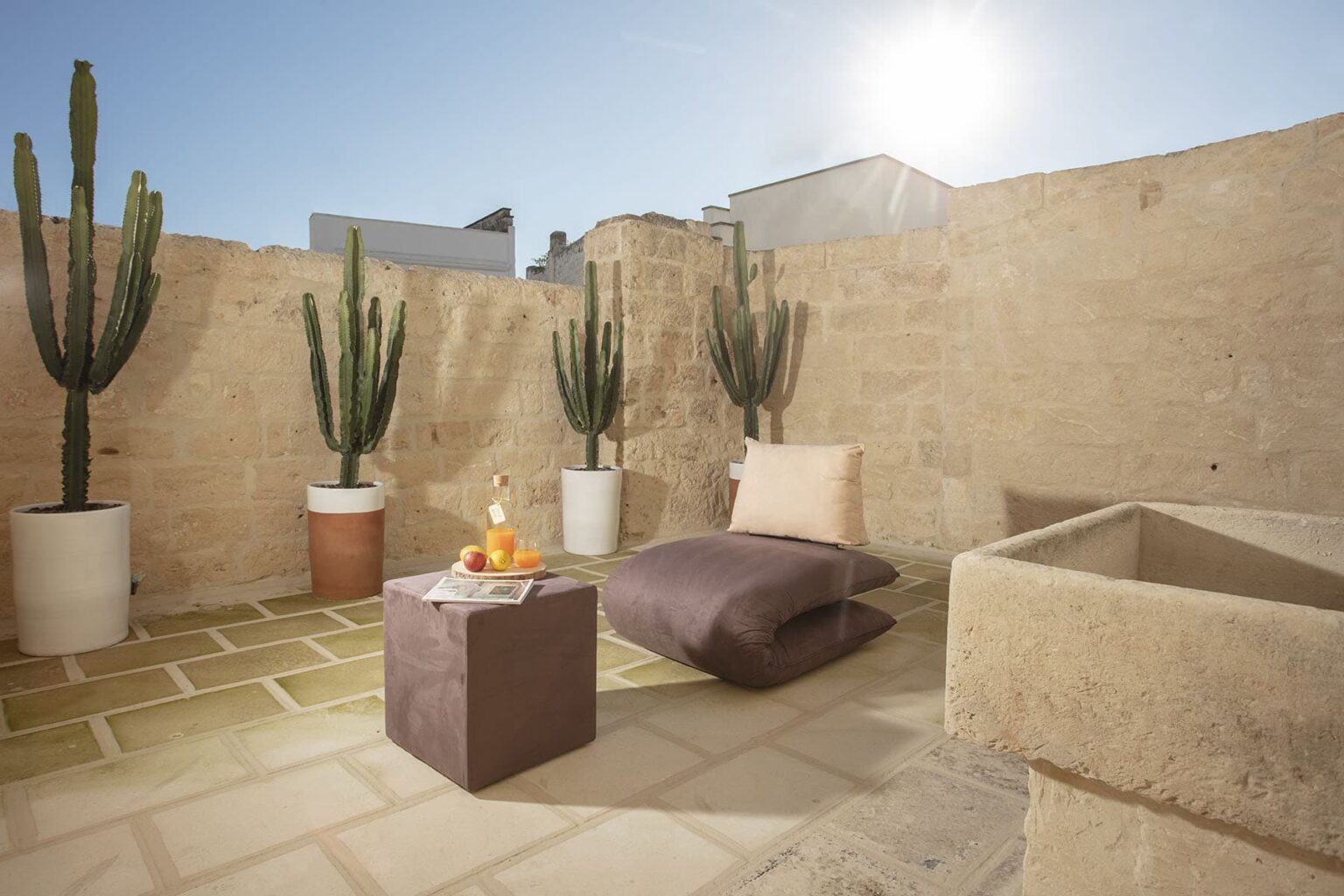 Cozy outdoor terrace featuring potted cacti, a comfortable seating area with cushions, and a small table, bathed in warm sunlight, perfect for relaxation and enjoyment. | Only on SopranoVillas