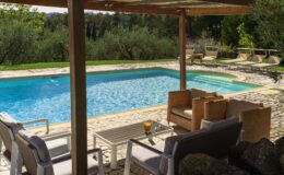 A serene outdoor pool area featuring a clear blue pool surrounded by comfortable seating and a stone patio, set against a backdrop of lush greenery and olive trees, ideal for relaxation and leisure.