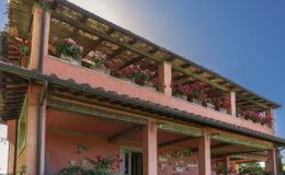 Two-story house with a pink exterior and a wooden roof, adorned with vibrant flower pots on the balcony. The structure features rustic wooden beams and a serene outdoor space, surrounded by greenery. Bright blue sky enhances the picturesque setting.