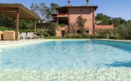 Luxurious villa with a swimming pool surrounded by lush greenery and outdoor seating, showcasing a sunny day and a charming rustic architecture. Perfect for relaxation and leisure.