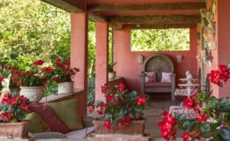 Charming outdoor patio featuring vibrant red begonias in decorative pots, plush cushions, and a beautifully carved wooden bench against a backdrop of lush greenery. Ideal for relaxation and outdoor living.