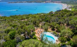 Aerial view of a serene coastal landscape featuring a swimming pool surrounded by lush greenery, with a clear blue sea and beach in the background, ideal for vacation and relaxation.