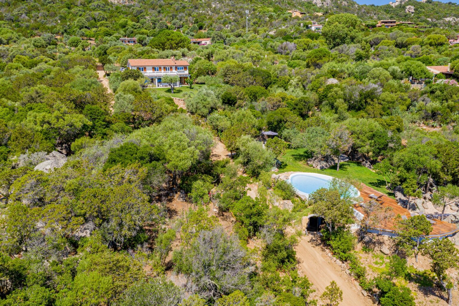 Aerial view of a lush green landscape featuring a spacious property with a house and a swimming pool, surrounded by trees and natural vegetation. | Only on SopranoVillas