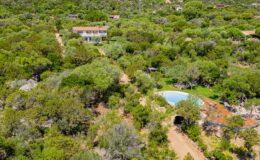 Aerial view of a lush green landscape featuring a spacious property with a house and a swimming pool, surrounded by trees and natural vegetation.