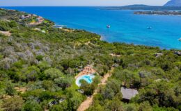 Aerial view of a lush green landscape featuring a swimming pool, surrounded by trees and a stunning blue ocean in the background, ideal for vacation rentals or coastal retreats.