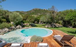 Serene outdoor pool surrounded by lush greenery and wooden decking, perfect for relaxation in a natural setting.