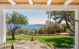 Scenic view from a dining area overlooking a tranquil sea, surrounded by lush greenery and olive trees, perfect for outdoor gatherings.