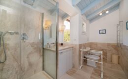 Modern bathroom interior featuring a glass shower enclosure, marble tiles, and a stylish sink area with natural lighting. The ceiling has a light blue finish, adding a touch of elegance.