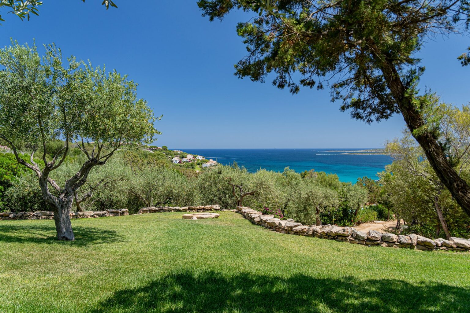Scenic view of a lush green garden overlooking a tranquil blue ocean, framed by olive trees and a stone wall under a clear blue sky. | Only on SopranoVillas
