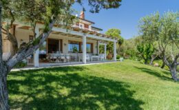 Beautiful villa with a spacious porch overlooking a lush green lawn, surrounded by olive trees under a clear blue sky. Ideal for outdoor relaxation and entertaining.