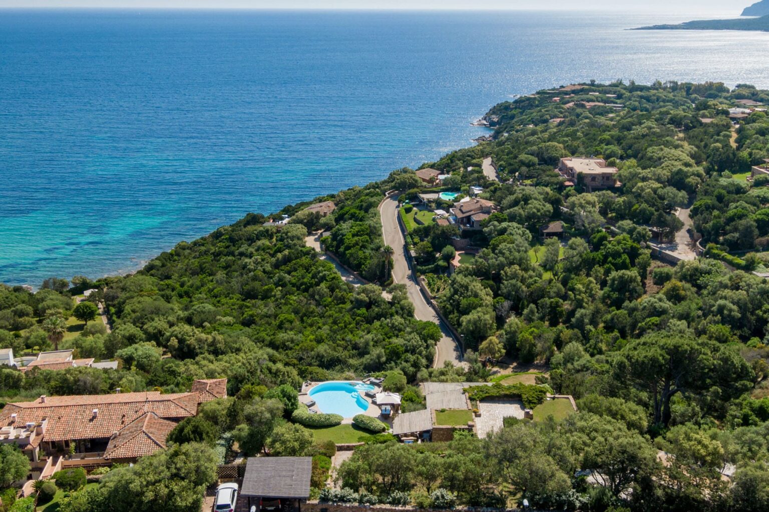 Aerial view of a coastal landscape featuring lush greenery, residential properties, and a swimming pool, overlooking a serene blue ocean. | Only on SopranoVillas