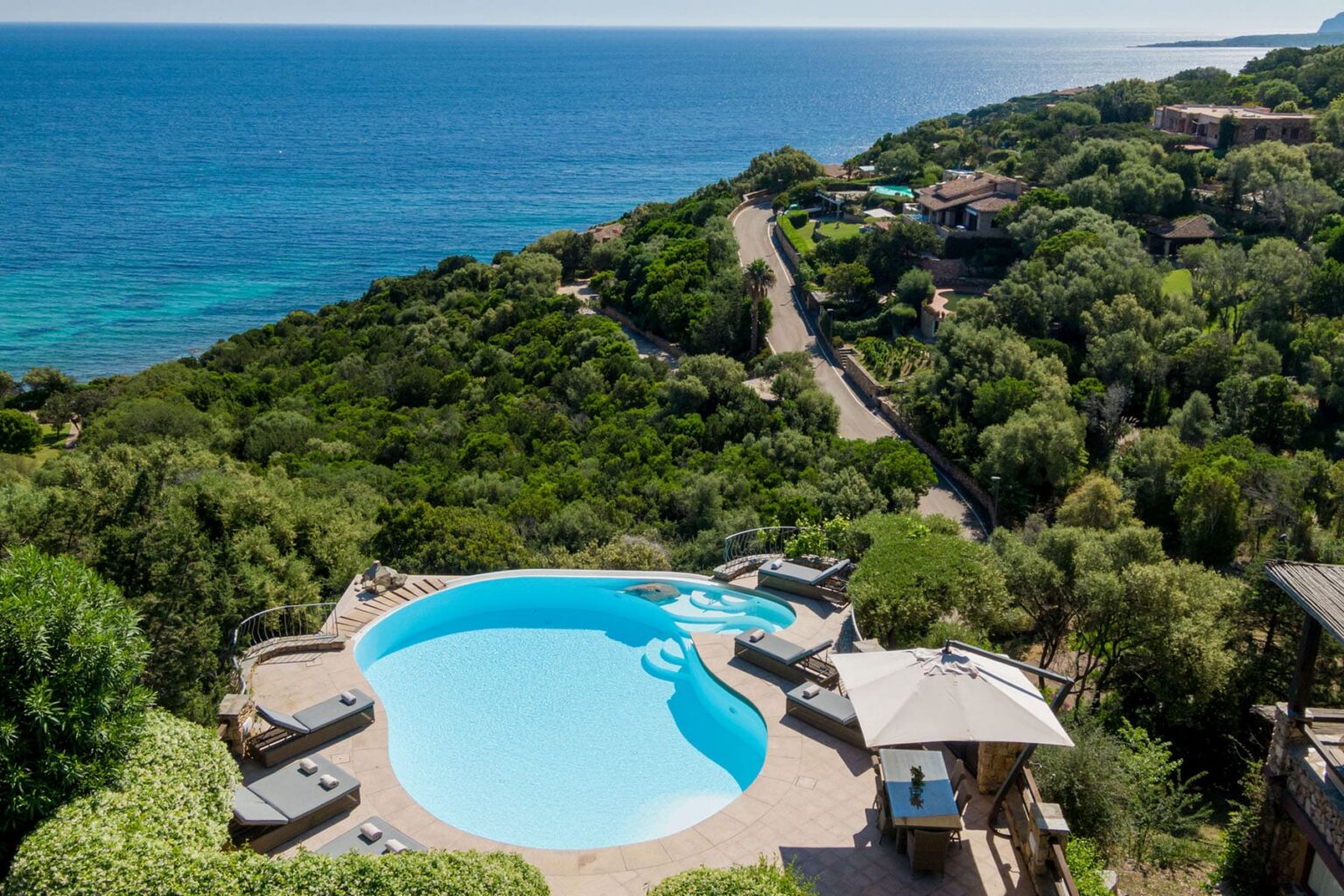 Aerial view of a luxurious villa with a turquoise swimming pool overlooking the ocean, surrounded by lush greenery and a scenic coastal road. Ideal for vacation rentals or real estate listings. | Only on SopranoVillas