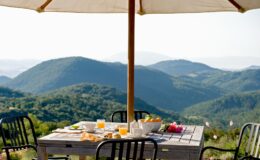 Outdoor breakfast setting with a wooden table under a large umbrella, featuring fresh fruit, pastries, and drinks, overlooking lush green mountains and a clear sky. Perfect for a serene morning getaway.