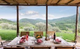 Outdoor dining setup with a scenic view of rolling green hills, featuring a table set with plates, wine glasses, a bottle of rosé, and a bowl of fresh fruit, under a wooden pergola.