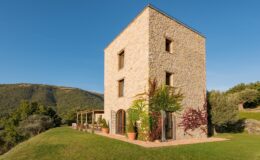 Stone house with a modern design surrounded by lush greenery and rolling hills under a clear blue sky, showcasing a spacious patio and vibrant climbing plants. Ideal for countryside retreats and architectural photography.