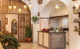 Bright and airy kitchen interior featuring a decorative archway, tiled backsplash, and a central island adorned with fresh fruits. Lush greenery and warm lighting enhance the inviting ambiance, showcasing a blend of modern and traditional design elements.