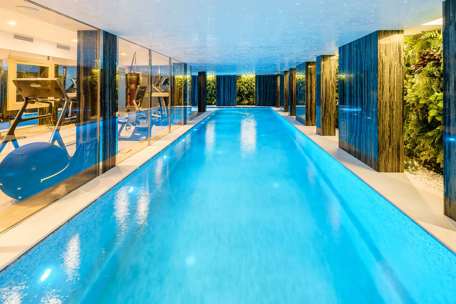 Indoor swimming pool with a modern design, featuring clear blue water, glass walls, and greenery, alongside a fitness area with exercise equipment. Ideal for relaxation and wellness activities. | Only on SopranoVillas