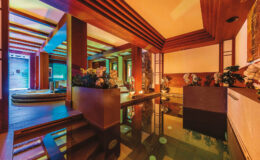 Luxurious spa interior featuring wooden beams, tranquil water features, and vibrant lighting, creating a serene atmosphere for relaxation and wellness.