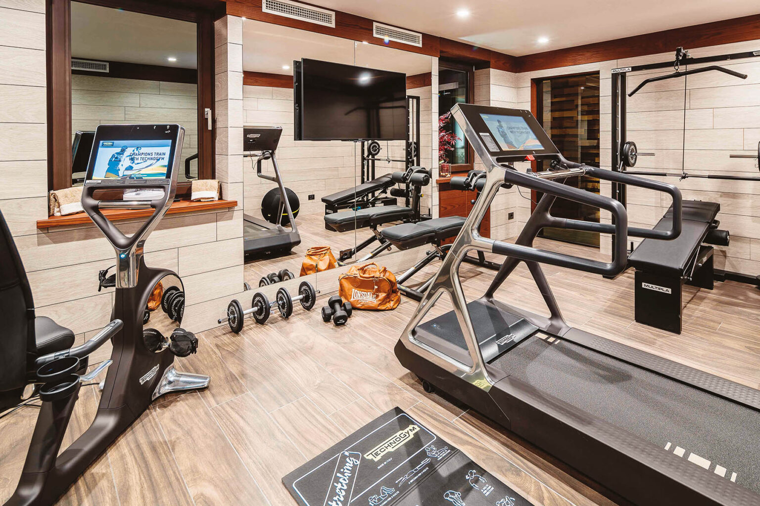 Home gym with modern exercise equipment including a treadmill, stationary bike, and free weights, featuring a stylish interior and ample natural light. | Only on SopranoVillas