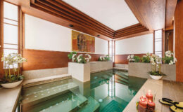 Luxurious indoor spa featuring a tranquil pool, elegant wooden accents, and lush greenery. The space is adorned with candles and stylish footwear, creating a serene atmosphere for relaxation and rejuvenation.