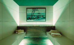 Modern spa interior featuring minimalist design, calming green lighting, and a serene landscape painting on the wall, with two neatly arranged towels on wooden benches.