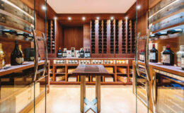 Elegant wine cellar featuring wooden shelves filled with a variety of wines, a central tasting table, and modern glass doors, creating a sophisticated ambiance for wine enthusiasts.
