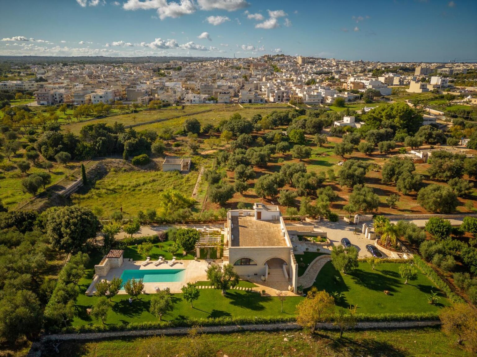 Aerial view of a luxurious villa with a swimming pool, surrounded by lush greenery and olive trees, overlooking a scenic town in the background. The image showcases the spacious outdoor area and well-maintained gardens of the property. | Only on SopranoVillas