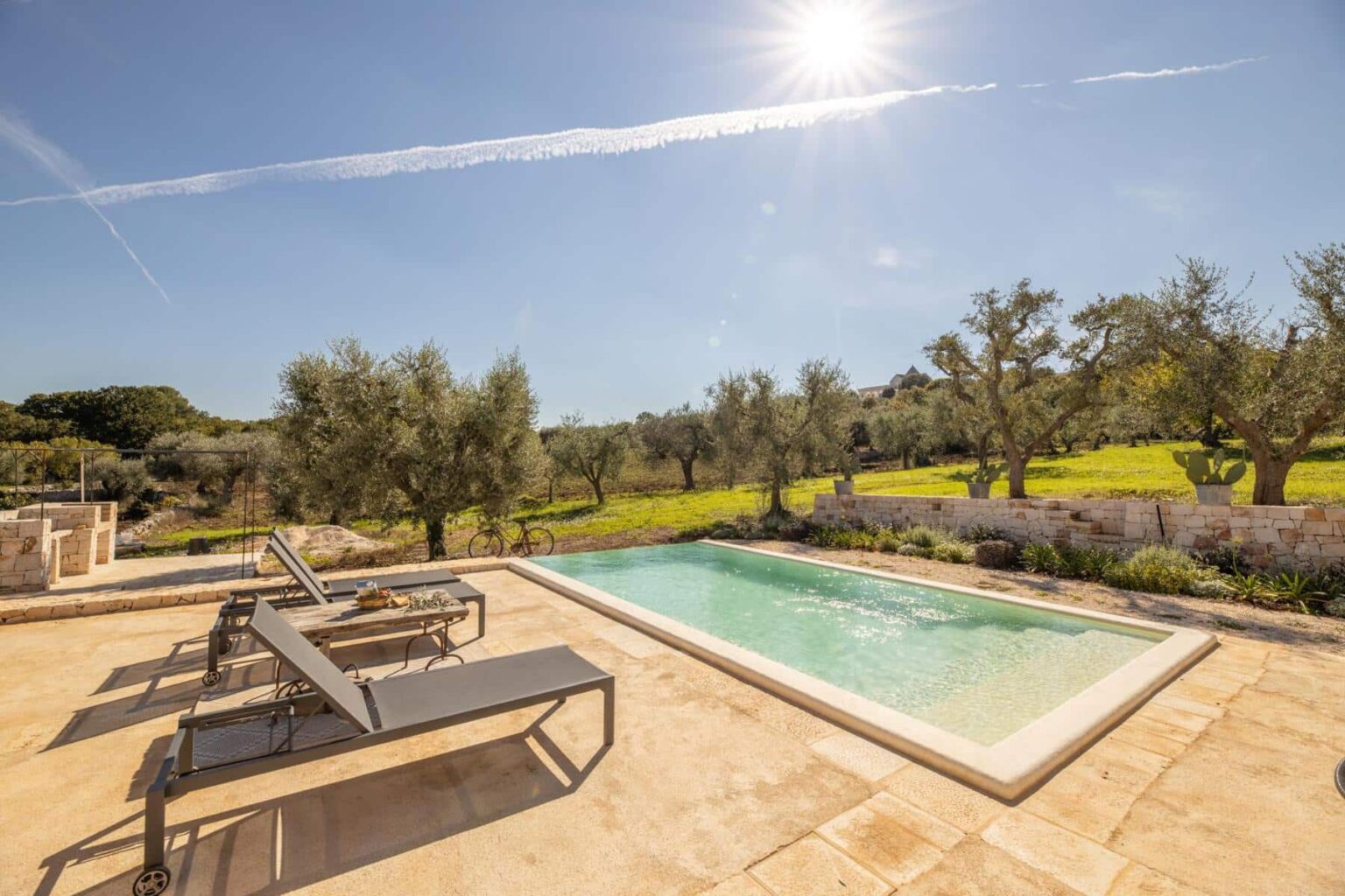 Outdoor swimming pool surrounded by olive trees and sun loungers under a clear blue sky, ideal for relaxation and leisure in a countryside setting. | Only on SopranoVillas