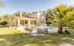 Charming stone villa with a swimming pool surrounded by greenery and palm trees, perfect for a relaxing getaway.