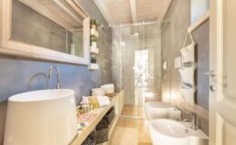 Modern bathroom interior featuring a stylish freestanding sink, glass shower enclosure, and elegant decor. The space includes a large mirror, neatly arranged towels, and decorative plants on wall shelves, creating a serene and functional atmosphere.
