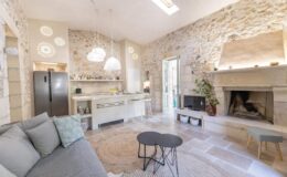 Modern living room with stone walls, featuring a cozy seating area, a stylish coffee table, a functional kitchen with a refrigerator, and a fireplace, illuminated by natural light.