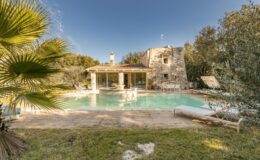 Charming stone villa with a swimming pool surrounded by lush greenery and palm trees, featuring a sun terrace and modern outdoor seating, ideal for relaxation and leisure.