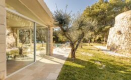 Modern villa exterior with large glass windows, olive trees, and a landscaped garden, showcasing a serene outdoor living space.